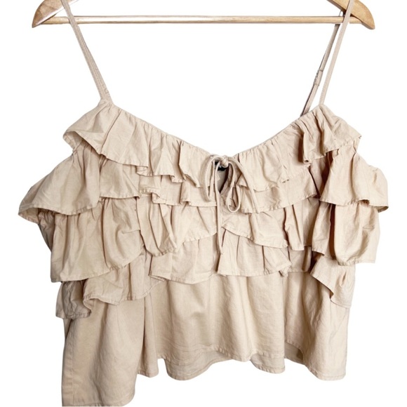 Express Tan Ruffle Chest Spaghetti Strap Feminine Crop Top Tank - Picture 2 of 15